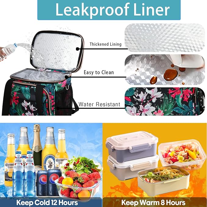 GLENKEY Expandable Lightweight Insulated Lunch Box for Women, Double Deck Large Lunch Bag Leakproof Soft Cooler Bags with Shoulder Strap for Adults Work Office Flight Beach Travel, Floral, 16L
