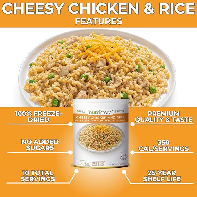 Nutristore | Freeze-Dried Cheesy Chicken and Rice | Emergency Survival Bulk Food Storage Meal | Perfect for Everyday Quick Meals and Long-Term Storage | 25 Year Shelf Life | USDA Inspected