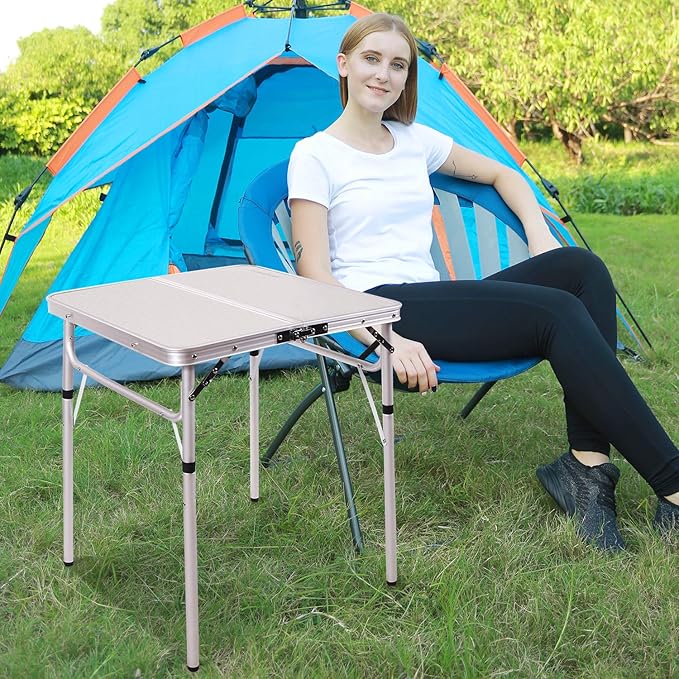 REDCAMP Small Square Folding Table 2 Foot Adjustable Height, Portable Aluminum Camping Table Lightweight for Picnic Beach Outdoor Indoor, White 24 x 24 inch