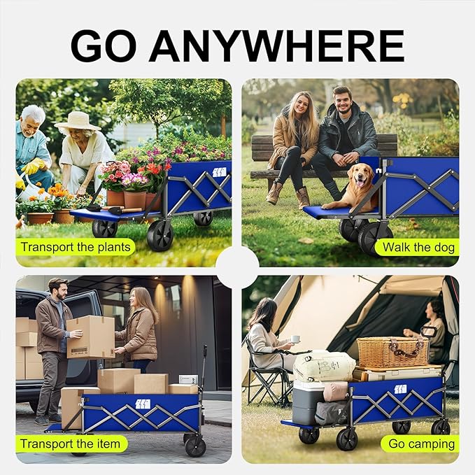 Collapsible Wagons Carts Foldable with Extended Tailgate, Folding Cart on Wheels, Portable Heavy Duty Shopping Carts for Groceries, Apartment, Garden, Camping, Fishing, Outdoor (Blue)