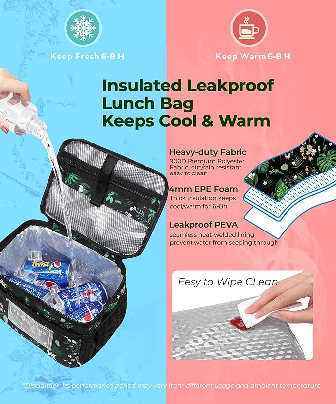 SUNNY BIRD Insulated Lunch Bag with Foldable and Leakproof Design, Thermally Insulated, Shoulder Strap for Women, Men and Teen (Floral & Foliage)