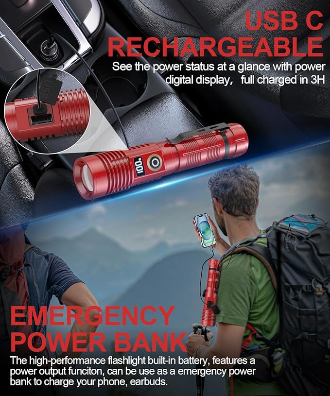 Rechargeable Flashlight High Lumens-12000LM Super Bright Magnetic Flash Light with Power Digital Display,3280Ft Long Range,Dimmable,Waterproof,Pocket Tactical LED Flashlights for Emergency,Red 1PC