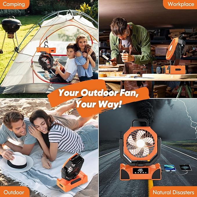 Portable Rechargeable Fan, 20000mAh Battery Powered Fan with LED Light, Camping Fans for Tent Remote Control, 5 Speed & Hook, 10-inch Outdoor Cordless Fans for Travel,Home,Beach, Power Outage - Orange
