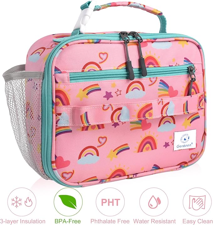 Genteen Lunch Box Kids, Prints Insulated Lunch Bag Kids Boys Girls,Soft Bag Mini Cooler Back to School Thermal Meal Tote Kit Lunch Box for School,Work,Outdoor (Rainbow)