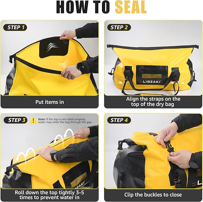 LIBZAKI High-Vis Waterproof Duffel Bag - PVC Rolltop Dry Bag with Locking Straps for Motorcycle Travel, Beach & Emergency Gear 70L Black/Yellow