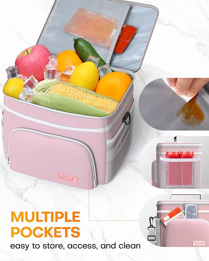 HOTOR Insulated Lunch Box for Men & Women - Leak-Proof Cooler Lunch Bag with 4 Pockets, Adjustable Strap, Ideal for Work, Picnic, Travel - Medium, Light Pink, 10.2"×6.9"×8.5"