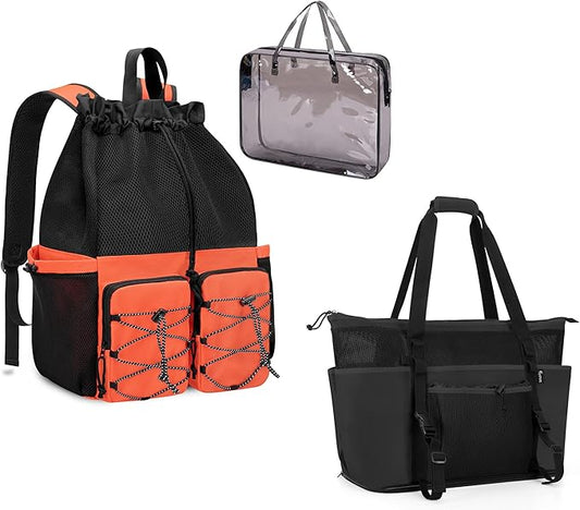 Fasrom Family Beach Tote Bag with Wet and Dry Separation Bundle with Drawstring Beach Bag Backpack with Waterproof Bag and Pocket