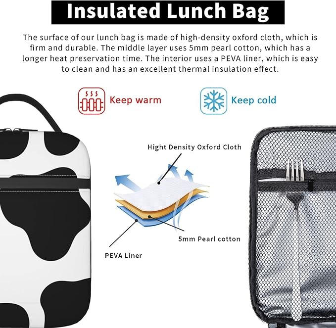 Cow Print Lunch Box Reusable Insulated Totes Lunch Bag Thermal Cooler for Boy Girls School Men Women Beach Picnic Travel