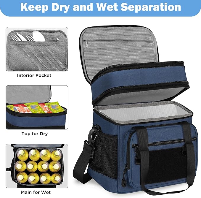 GLENKEY Double Deck Insulated Lunch Box, Expandable Large Lunch Bag Leakproof Cooler Bag Lunch Pail for Men Women Adults Work Shifts Travel Daytrip,16L,Blue