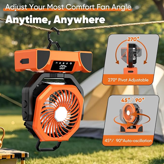 Portable Rechargeable Fan, 20000mAh Battery Powered Fan with LED Light, Camping Fans for Tent Remote Control, 5 Speed & Hook, 10-inch Outdoor Cordless Fans for Travel,Home,Beach, Power Outage - Orange