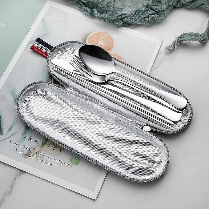 DEVICO Camping Utensils, Portable Travel Utensils with Case, Stainless Steel Reusable Silverware for Lunch Adult, 5Pcs Cutlery Set Includes Knife Spoon Fork Chopsticks and Case (Silver)