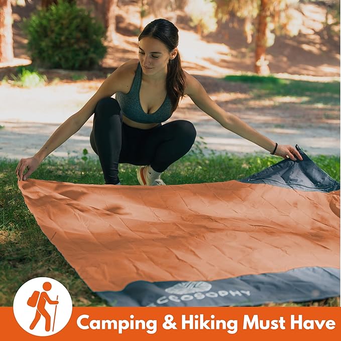 ECCOSOPHY Sand Proof & Waterproof Picnic Blanket - 60x55 Outdoor Compact Pocket Blanket, Lightweight Ground Cover for Hiking, Camping, Festivals, Sports, Travel with Bag & Stakes (Terracotta)