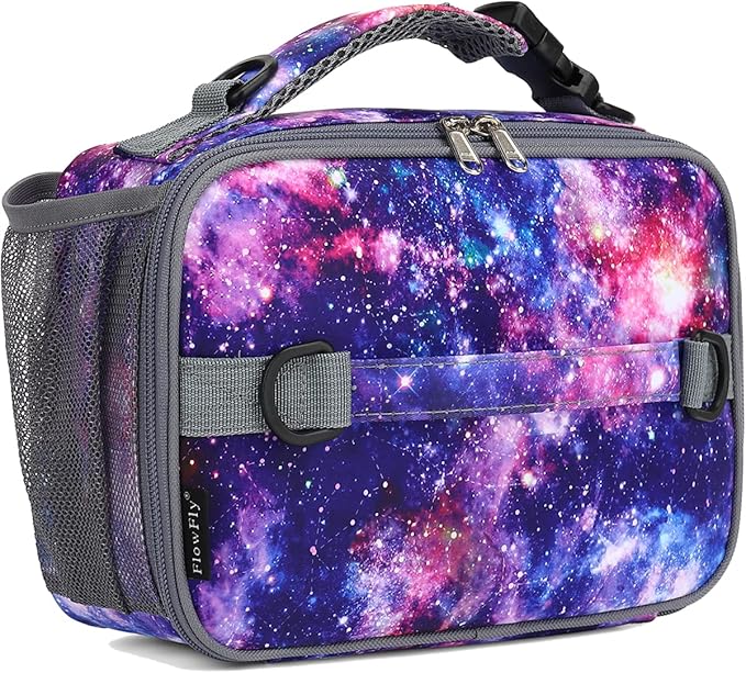 FlowFly Kids Lunch Bag, Durable Insulated School Lunch Box with Shoulder Strap and Bottle Holder, Water-resistant Thermal Small Lunch Cooler Tote for Teen Boys & Girls,Galaxy