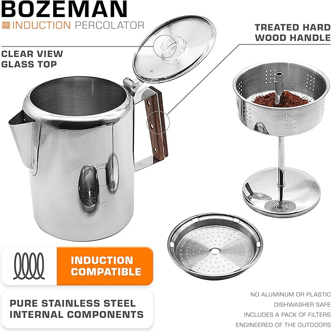 COLETTI Bozeman Induction Coffee Maker — Percolator Coffee Pot, Coffee Percolator – Brews 3 Kinds of Ways: Fire, Stovetop, & Induction [9 cup, Induction]
