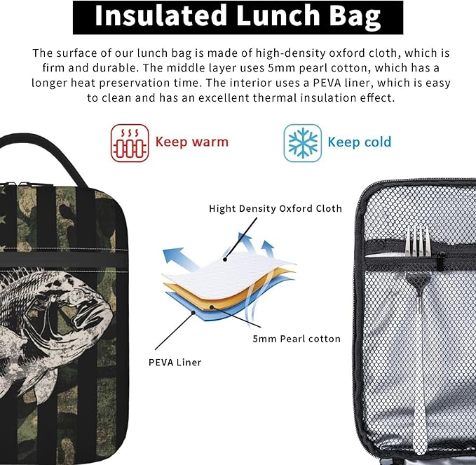 Fishing Camouflage American Flag Bass Lunch Box, Portable Insulated Lunch Bag with Detachable Handle,Reusable Lunchbox for Boys Girls Men Women Adults