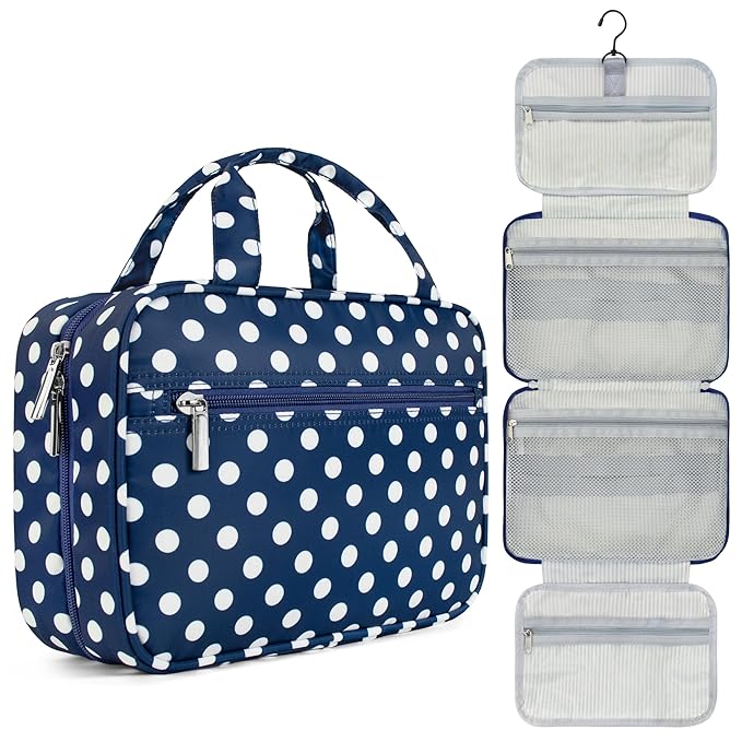 PAVILIA Hanging Toiletry Bag Travel Bag Women Men, Foldable Cosmetic Organizer, Roll up Makeup Bag, Water Resistant Accessories Toiletries, Large Travel Essentials Kit (Navy Polka Dot)