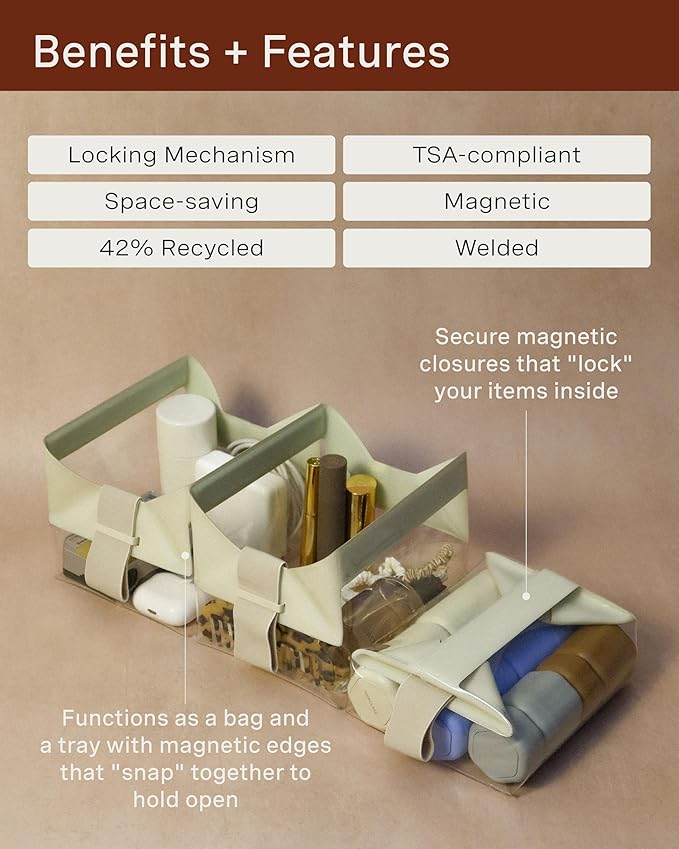 Cadence Parcel - Clear Dopp Kit with Magnetic Closure - Durable and Leak-Resistant Travel Toiletry Kit - TSA-Compliant & Modular Design - Small Hygiene Bag for Travel Essentials - 1 Qt - Chestnut