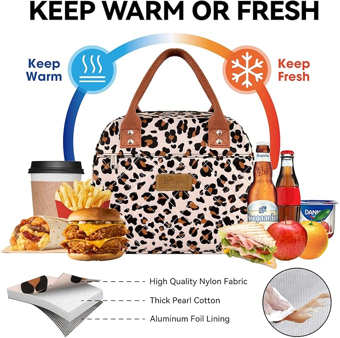 HOMESPON Insulated Lunch Bag for Women Men Adults Lunch Tote with Front Pocket Lunch Box Container Cooler Bag for Work Picnic (Leopard Print)