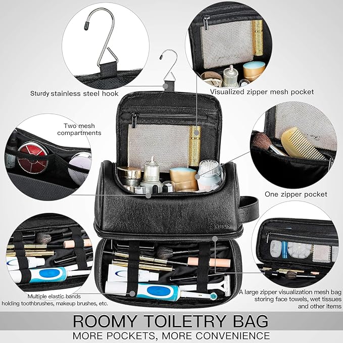 Elviros Toiletry Bag for Mens PU Leather Travel Organizer Kit with Hanging hook, Large Water-resistant Toiletries Bathroom Shaving Bags(Extra Large, Black)