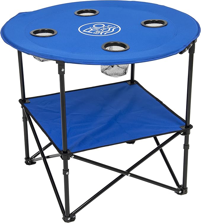 Rio Brands 28" Round Lightweight Fabric Portable Folding Beach Table with Cupholders, Blue