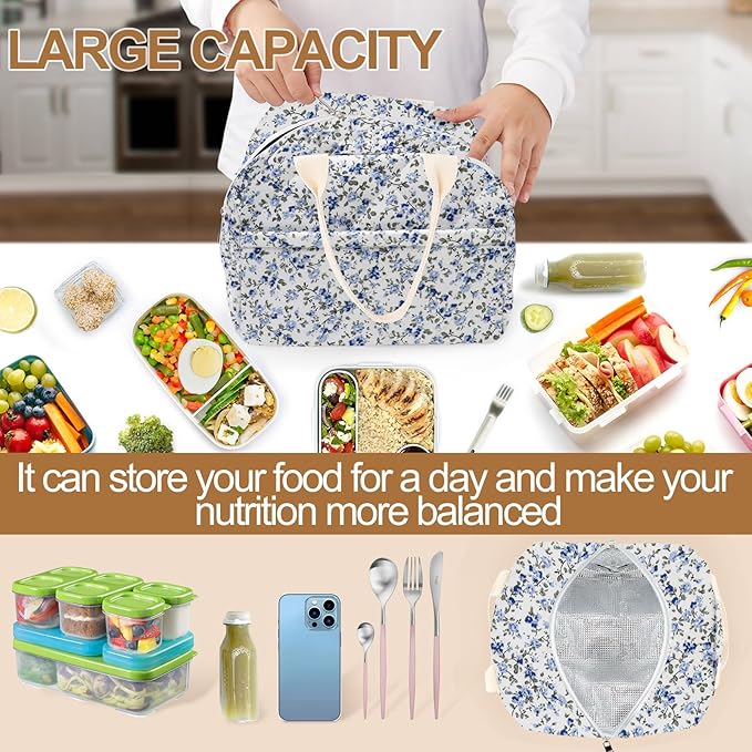 Cotton Quilted Insulated Lunch Bag, Cute Quilted Floral Lunch Tote Bags Reusable Insulated Lunch Box Coquette Aesthetic Large Capacity Insulated Cooler for Women Men Work Travel Picnic (Dark Blue)