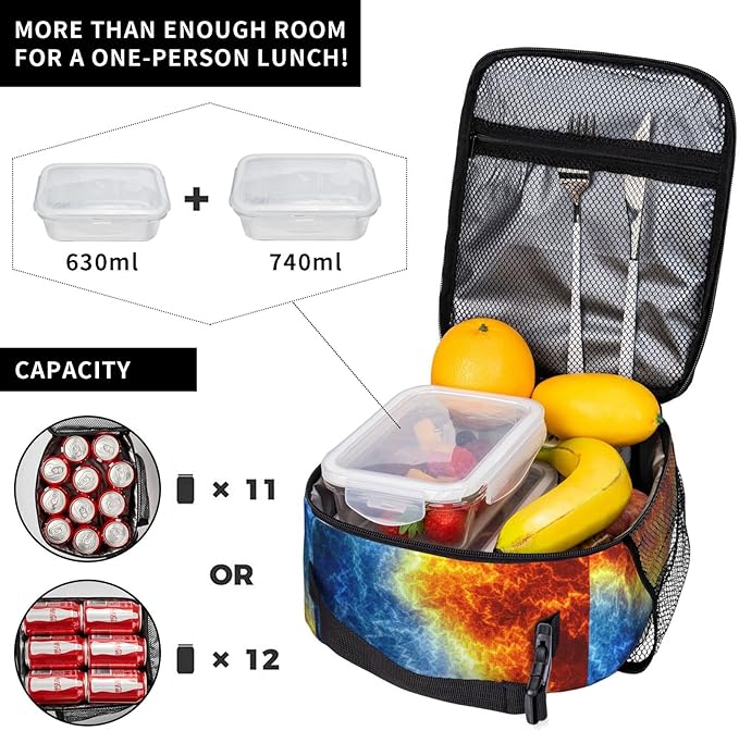 SARA NELL Cool Fire and Ice Abstract Fractal Lightning Insulated Lunch Bag Fire and Ice Lunch Cooler Box for Women Men Teens Kids, Reusable Lunch Tote Bag for Work, Picnic, School or Travel