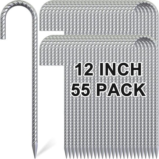 Rebar Stakes 12 inch, 5/16" Diameter Heavy Duty J Hook Stakes 55 Pack, Galvanized Anti-Rust Ground Anchor Long Tent Stakes for Dog Fence Trompoline Swing Set