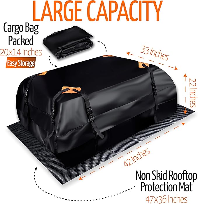 ZONETECH Car Roof Cargo Bag Water Resistant with a Protective Anti Slip Mat – 8 Reinforced Premium Quality Straps Rubberized Extra Cushioning Pad, Travel, Touring, Road Trips for Vehicle, SUV