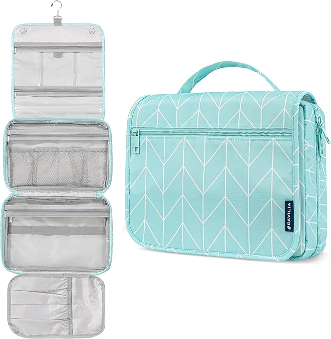 PAVILIA Hanging Toiletry Bag Women Men, Foldable Cosmetic Organizer Travel Bag, Water Resistant Makeup Bag Toiletries, Large Travel Essentials Kit (Teal Chevron)