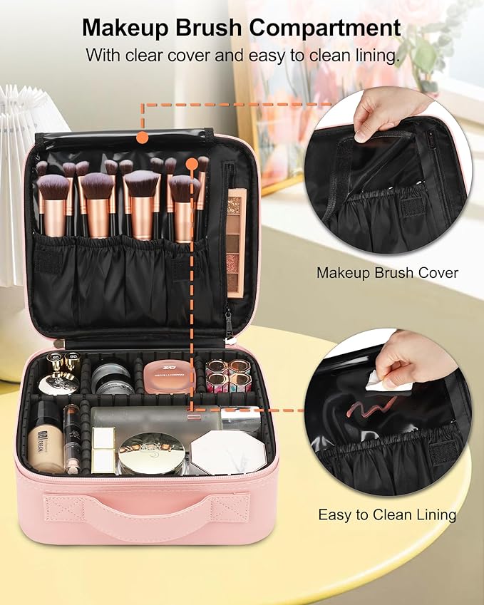 Relavel Travel Makeup Train Case Cosmetic Case Organizer Portable Artist Storage Bag with Adjustable Dividers for Cosmetics Makeup Brushes Toiletry Jewelry Digital Accessories (Pink)
