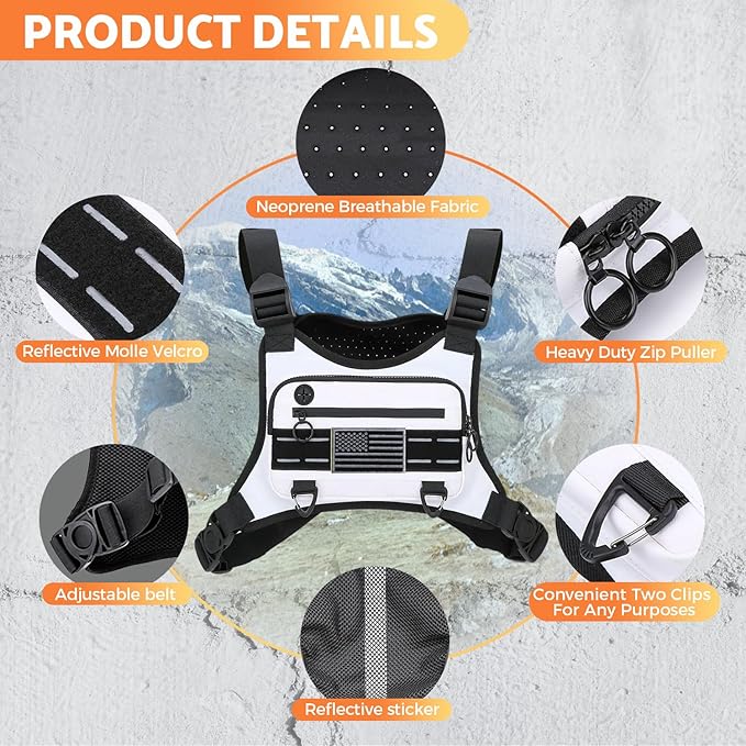 Sports Chest Bag For Men Women, Water Resistant Lightweight Front Chest Pack, Running Vest Bag With Built-In Phone Holder & Extra Storage For Workouts, Running, Cycling (White)