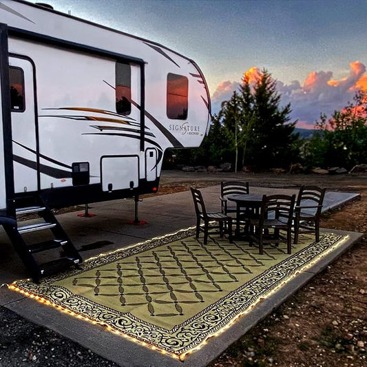 Stylish Camping L118187WL 8-feet by 18-feet LED Illuminated Patio Mat - Outdoor Patio Brown/Beige RV Camping Mat