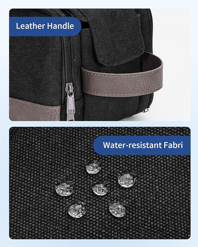 WANDF Toiletry Bag for Men Travel Toiletry Organizer Canvas and Leather Dopp Kit Water-Resistant Shaving Bag for Travel Accessories (Black, Patent Pending)