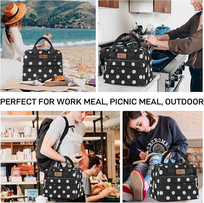 HOMESPON Insulated Lunch Bag for Women Men Lunch Box Cooler Lunch Tote for Work Picnic (Polka Dots)