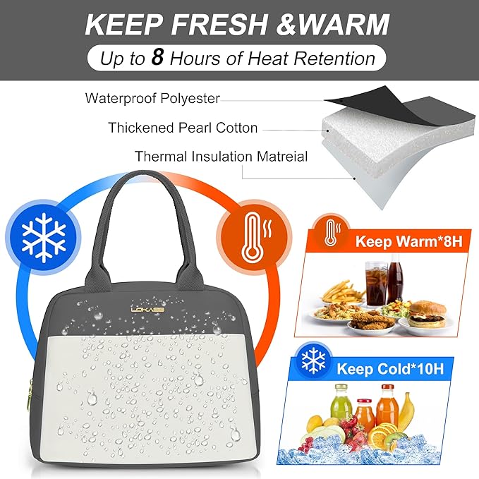 LOKASS Lunch Bag for Women-Insulated Adults Lunch Box with Front Pocket- Small Cute Lunch Tote for Work-Reusable Cooler Bag for Office Picnic Beach or Travel (Dark Grey)