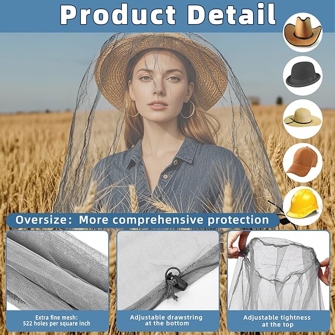 Oversized Mosquito Net 42 x 25 Inches Ultra Large Mosquito Head Net Face Neck Fly Mesh Netting Fits All Hats for Outdoor Camping Hiking Fishing Gardening Safari(Gray)