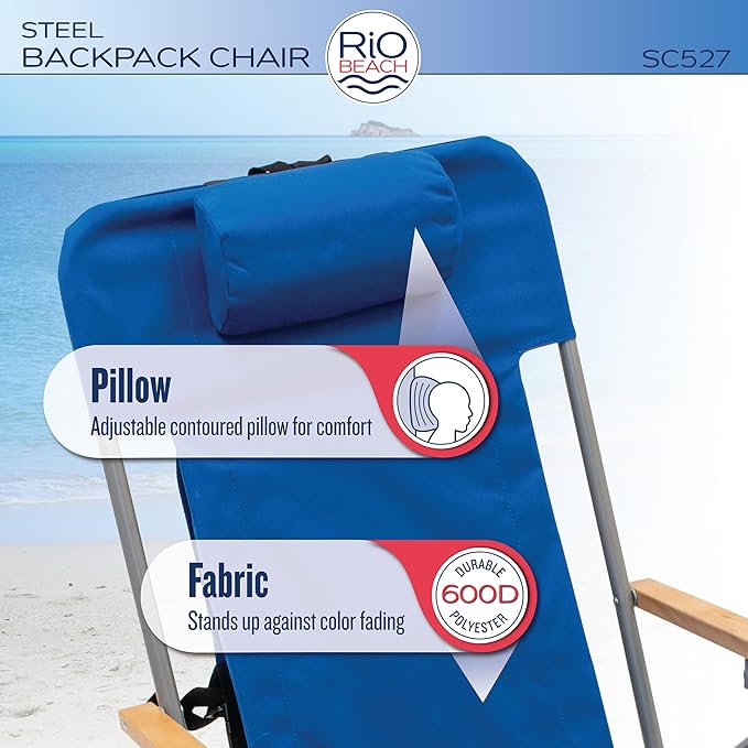 Rio Beach Original 4-Position Steel Backpack Chair with Pillow, Hands-Free Beach Chair Backpack for Adults, Navy