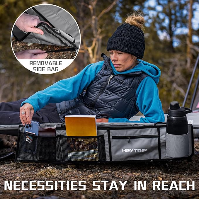 HEYTRIP Extra-Wide Camping Cot, Upgrade Sturdy Camping Bed, XXL Cots for Sleeping Support 500lb, Folding Cot with Side Pocket, Carry Bag Ultralight Backpacking Cot for Travel(Grey)
