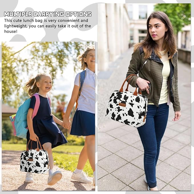 LOKASS Lunch Bag for Women/Men-Insulated Adults Lunch Box with Front Pocket- Small Cute Lunch Tote for Work-Reusable Cow Print Cooler Bag for Office Picnic Beach or Travel