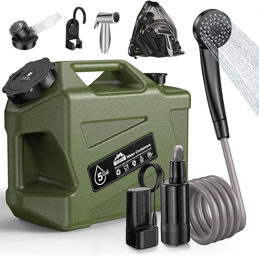 Portable Camping Shower with Water Jug, Electric Rechargeable Camping Shower, 5-Gallon Food Grade Water Containers, Outdoor Camp Pump Water Storage Kit for Hiking Beach, Travel, Pet Bath