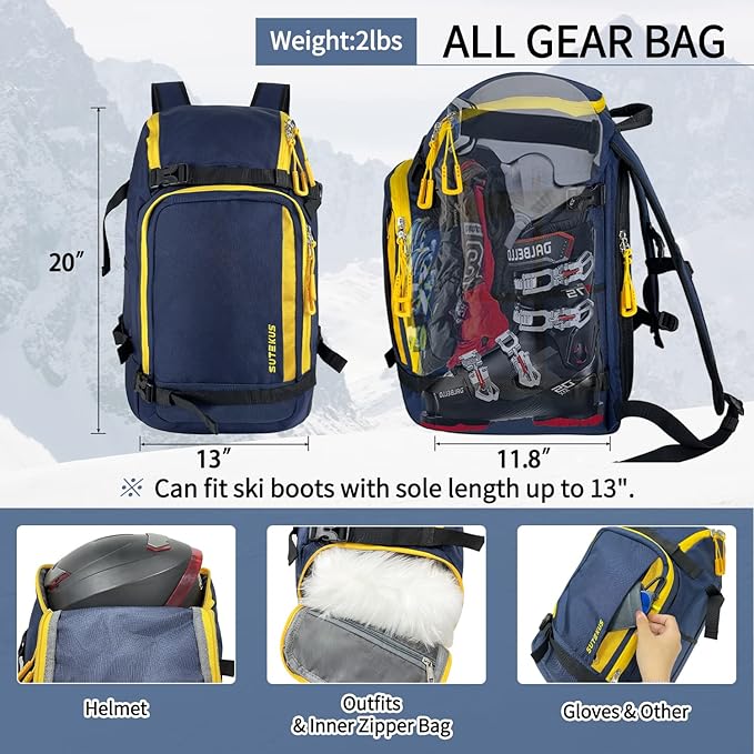 Sutekus Ski Boot Bag Skiing Travel Backpack Snowboard Boots Bag Travel Luggage For Skis, Helmet, Goggles, Gloves, Snowboard & Gear Accessories