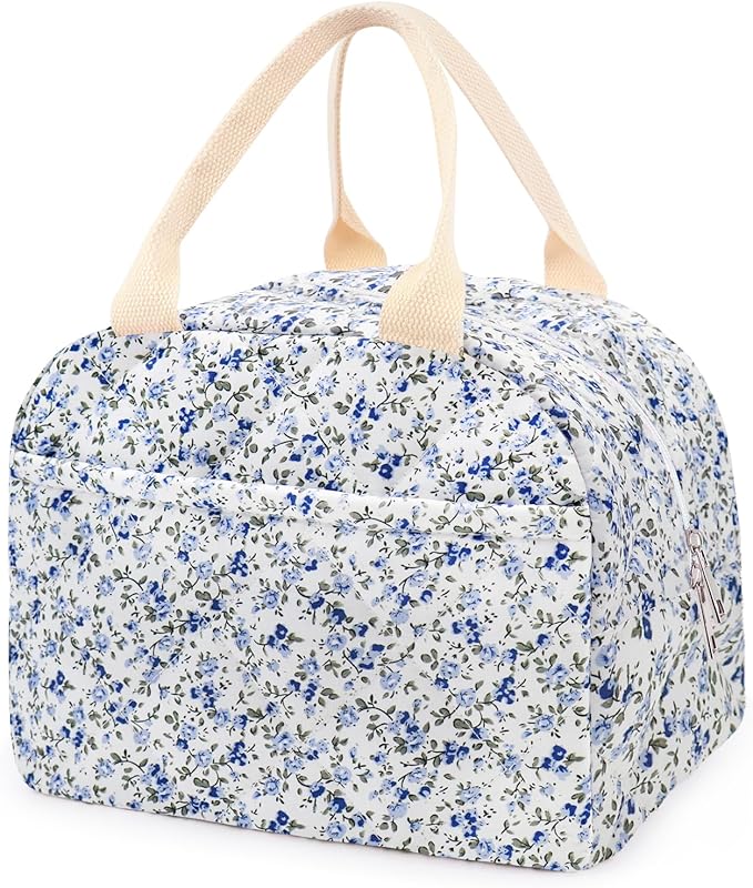 Cotton Quilted Insulated Lunch Bag, Cute Quilted Floral Lunch Tote Bags Reusable Insulated Lunch Box Coquette Aesthetic Large Capacity Insulated Cooler for Women Men Work Travel Picnic (Dark Blue)