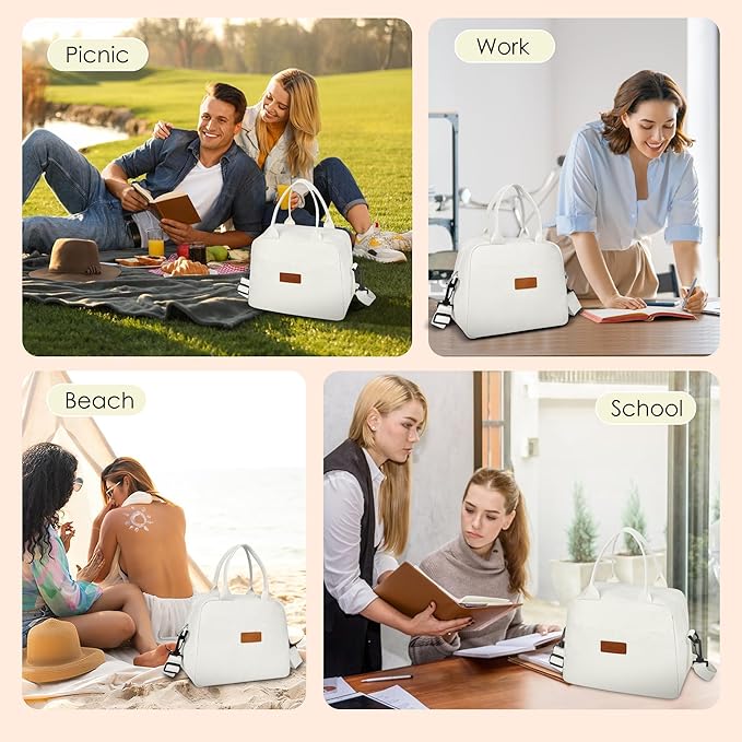 LOKASS Lunch Bag for Women-Insulated Adults Lunch Box with Front Pocket- Small Cute Lunch Tote for Work-Reusable Cooler Bag for Office Picnic Beach or Travel（White）