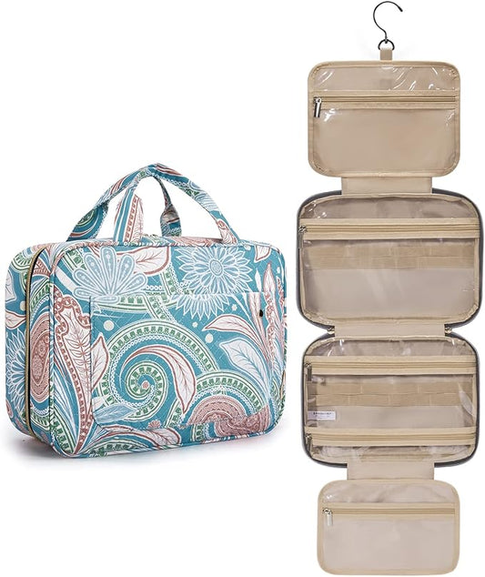 BAGSMART Toiletry Bag Travel Bag with Hanging Hook, Water-resistant Makeup Cosmetic Bag Travel Organizer for Accessories, Shampoo, Full Sized Container, Toiletries (Green Paisley, Large)