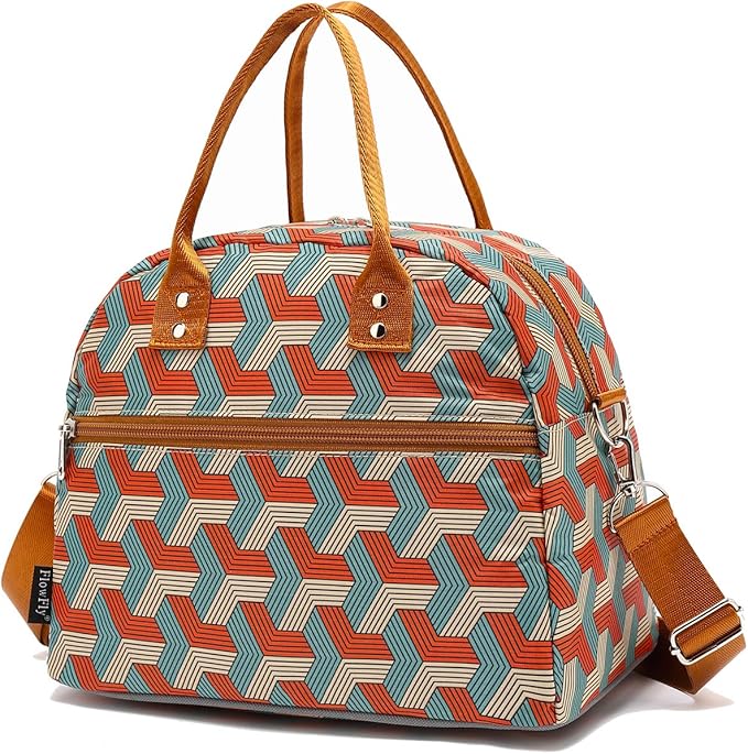 FlowFly Insulated Lunch Bag With Shoulder Strap for Women, Men, and Kids, Large and Reusable, Handle, Freezable Work and School Travel Tote and Meal Prep Organizer,Stereoscopic Red