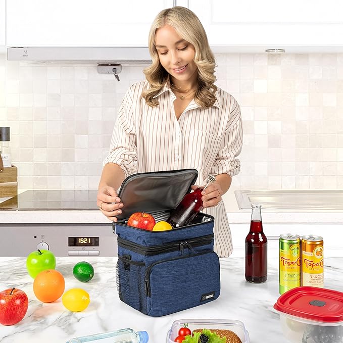 opux Insulated Lunch Bag for Men Women, Large Dual Compartment Cooler Bag, Soft Two Deck Lunch Box for Work School Picnic, Leakproof Lunch Tote with Shoulder Strap for Kid Adult (Navy, Double Deck)