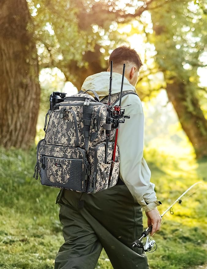 Piscifun Fishing Tackle Backpack with 4 Trays, Large Outdoor Storage Tackle Bag with Protective Rain Cover for Fishing Gear