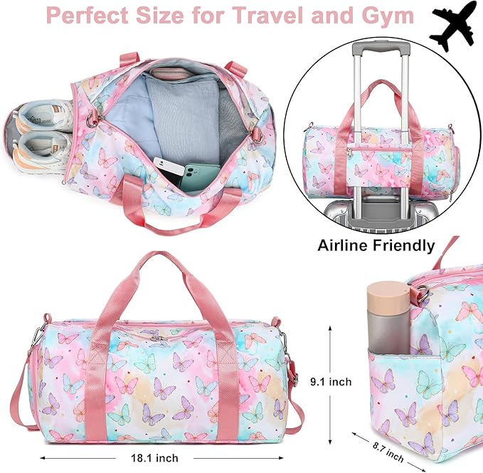 Butterfly Girls Sports Duffle Bag with Wet Pocket, Shoe Compartment & Overnight Travel Bag (Pink)