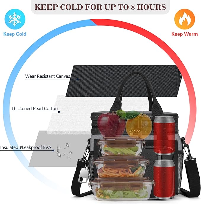 Lunch Box & Lunch Bag for Men Women, Large Insulated Adult Lunch Box, Leakproof Cooler Lunchbox with Bottle Opener for Work Picnic Beach, 16L, Gray