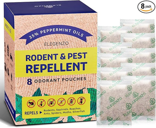 ELEGENZO Mouse Repellent Pouches with Peppermint Oil - Repels Mice, Rats, Squirrels, Roaches, Ants, Spiders, Moths - 8 Odorant Pouches